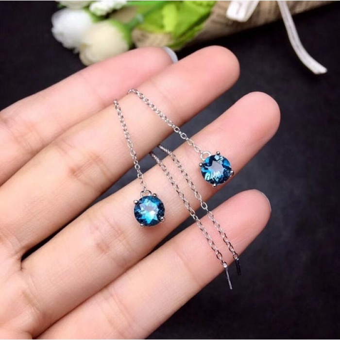 Natural Blue Topaz Drop Earrings, 925 Sterling Silver, Drop Earrings, Blue Topaz Earrings, Luxury Earrings, Round Cut Stone Earrings | Save 33% - Rajasthan Living 10