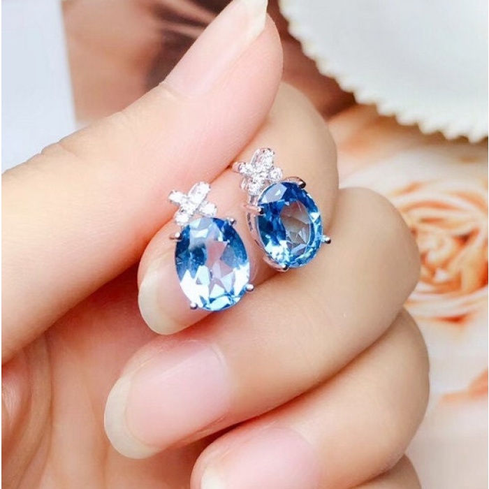 Natural Blue Topaz Stud Earrings, 925 Sterling Silver, Stud Earrings, Blue Topaz Earrings, Luxury Earrings, Oval Cut Stone Earrings | Save 33% - Rajasthan Living 9