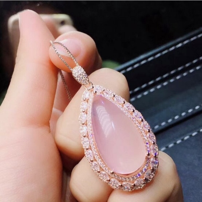 Natural Rose Quartz Jewelry Set, Engagement Ring, Rose Quartz Silver Pendent, Woman Pendant, Pendant Necklace, Luxury Ring, Pear Cabochon | Save 33% - Rajasthan Living 7