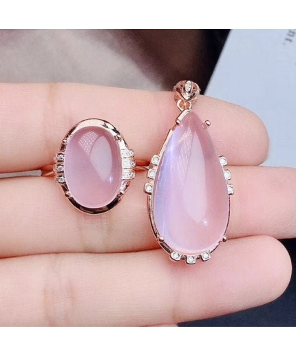 Natural Rose Quartz Jewelry Set, Engagement Ring, Rose Quartz Silver Pendent, Woman Pendant, Pendant Necklace, Luxury Ring, Pear Cabochon | Save 33% - Rajasthan Living