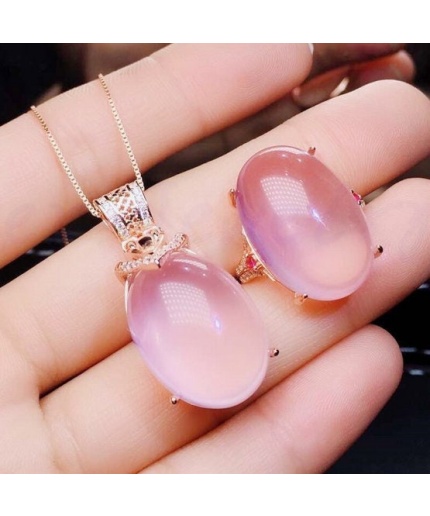 Natural Rose Quartz Jewelry Set, Engagement Ring, Rose Quartz Silver Pendent, Woman Pendant, Pendant Necklace, Luxury Ring, Oval Cabochon | Save 33% - Rajasthan Living 3