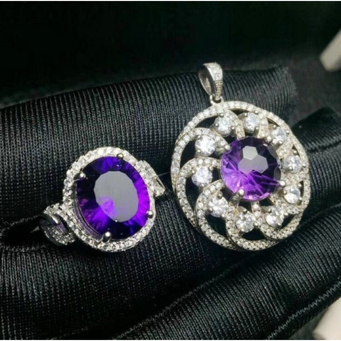 Natural Amethyst Jewellery Set , Engagement Pendent, Silver Amethyst Pendent, Woman Ring, Luxury Pendent, Oval Cut Stone Pendent | Save 33% - Rajasthan Living 9