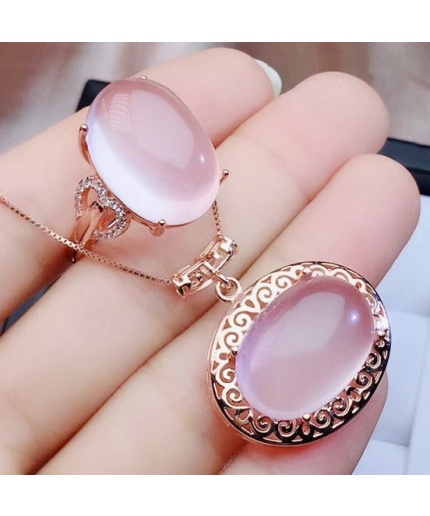 Natural Rose Quartz Jewelry Set, Engagement Ring, Rose Quartz Silver Pendent, Woman Pendant, Pendant Necklace, Luxury Ring, Oval Cabochon | Save 33% - Rajasthan Living 3