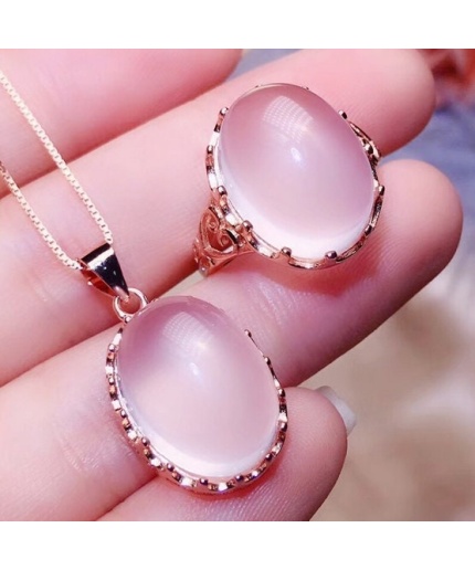 Natural Rose Quartz Jewelry Set, Engagement Ring, Rose Quartz Silver Pendent, Woman Pendant, Pendant Necklace, Luxury Ring, Oval Cabochon | Save 33% - Rajasthan Living