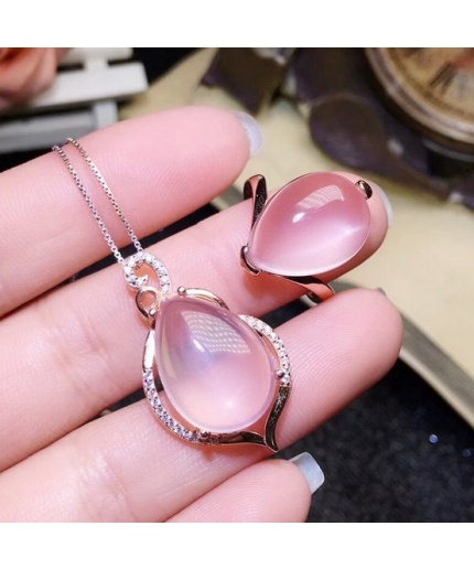 Natural Rose Quartz Jewelry Set, Engagement Ring, Rose Quartz Silver Pendent, Woman Pendant, Pendant Necklace, Luxury Ring, Pear Cabochon | Save 33% - Rajasthan Living