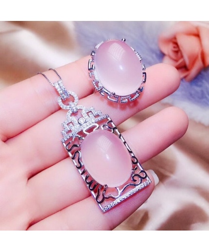 Natural Rose Quartz Jewelry Set, Engagement Ring, Rose Quartz Silver Pendent, Woman Pendant, Pendant Necklace, Luxury Ring, Oval Cabochon | Save 33% - Rajasthan Living