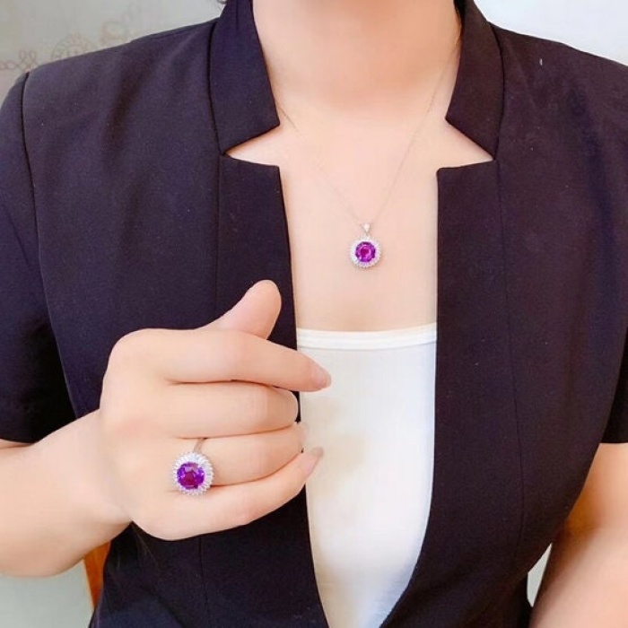 Natural Amethyst Jewellery Set , Engagement Pendent, Silver Amethyst Pendent, Woman Ring, Luxury Pendent, Round Cut Stone Pendent | Save 33% - Rajasthan Living 6