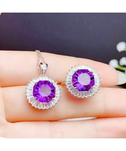 Natural Amethyst Jewellery Set , Engagement Pendent, Silver Amethyst Pendent, Woman Ring, Luxury Pendent, Round Cut Stone Pendent | Save 33% - Rajasthan Living