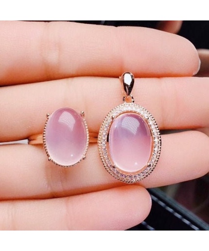 Natural Rose Quartz Jewelry Set, Engagement Ring, Rose Quartz Silver Pendent, Woman Pendant, Pendant Necklace, Luxury Ring, Oval Cabochon | Save 33% - Rajasthan Living