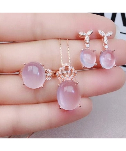 Natural Rose Quartz Jewelry Set, Engagement Ring, Rose Quartz Silver Pendent, Woman Pendant, Pendant Necklace, Luxury Ring, Oval Cabochon | Save 33% - Rajasthan Living