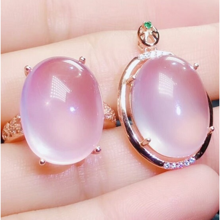 Natural Rose Quartz Jewelry Set, Engagement Ring, Rose Quartz Silver Pendent, Woman Pendant, Pendant Necklace, Luxury Ring, Oval Cabochon | Save 33% - Rajasthan Living 5