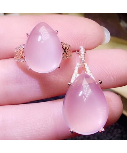 Natural Rose Quartz Jewelry Set, Engagement Ring, Rose Quartz Silver Pendent, Woman Pendant, Pendant Necklace, Luxury Ring, Oval Cabochon | Save 33% - Rajasthan Living 3