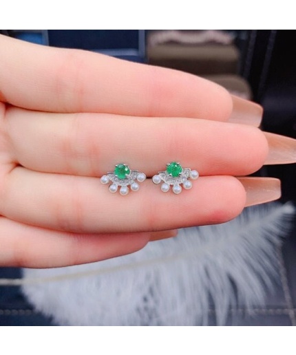 Natural Emerald Stud Earrings, 925 Sterling Silver, Emerald Stud Earrings, Emerald Silver Earrings, Luxury Earrings, Round Cut Stone | Save 33% - Rajasthan Living