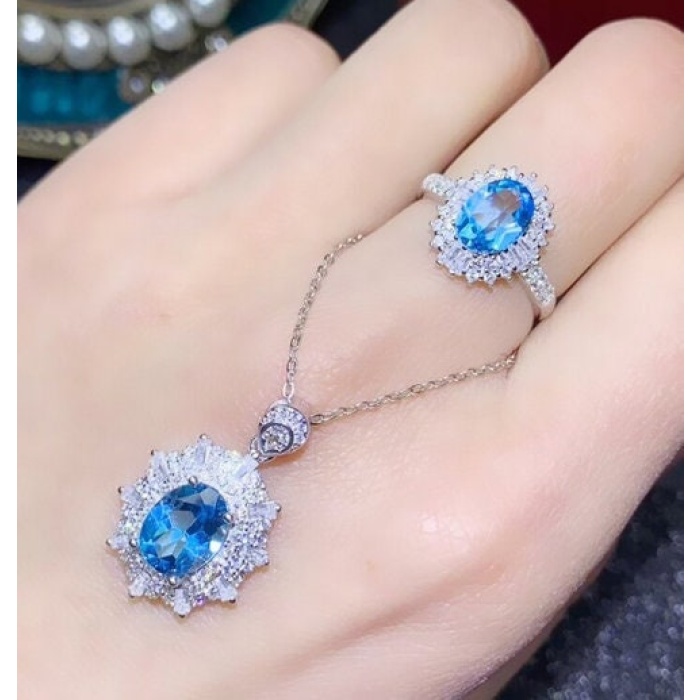 Natural Blue Topaz Jewelry Set, Engagement Ring, Blue Topaz Jewellery Set, Woman Pendant, Topaz Necklace, Luxury Pendant, Oval Cut Stone | Save 33% - Rajasthan Living 7