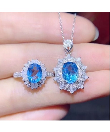 Natural Blue Topaz Jewelry Set, Engagement Ring, Blue Topaz Jewellery Set, Woman Pendant, Topaz Necklace, Luxury Pendant, Oval Cut Stone | Save 33% - Rajasthan Living