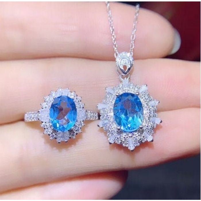 Natural Blue Topaz Jewelry Set, Engagement Ring, Blue Topaz Jewellery Set, Woman Pendant, Topaz Necklace, Luxury Pendant, Oval Cut Stone | Save 33% - Rajasthan Living 5