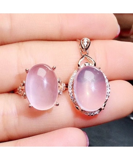 Natural Rose Quartz Jewelry Set, Engagement Ring, Rose Quartz Silver Pendent, Woman Pendant, Pendant Necklace, Luxury Ring, Oval Cabochon | Save 33% - Rajasthan Living