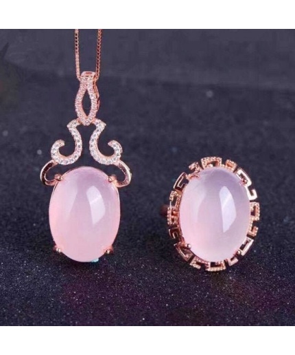 Natural Rose Quartz Jewelry Set, Engagement Ring, Rose Quartz Silver Pendent, Woman Pendant, Pendant Necklace, Luxury Ring, Oval Cabochon | Save 33% - Rajasthan Living