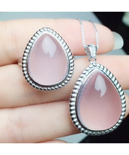 Natural Rose Quartz Jewelry Set, Engagement Ring, Rose Quartz Silver Pendent, Woman Pendant, Pendant Necklace, Luxury Ring, Pear Cabochon | Save 33% - Rajasthan Living