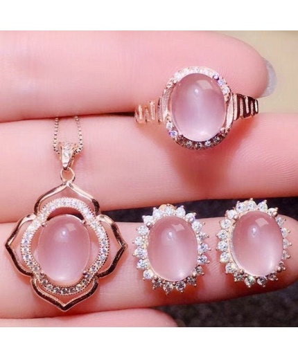 Natural Rose Quartz Jewelry Set, Engagement Ring, Rose Quartz Silver Pendent, Woman Pendant, Pendant Necklace, Luxury Ring, Oval Cabochon | Save 33% - Rajasthan Living