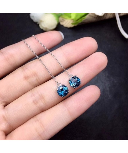 Natural Blue Topaz Drop Earrings, 925 Sterling Silver, Drop Earrings, Blue Topaz Earrings, Luxury Earrings, Round Cut Stone Earrings | Save 33% - Rajasthan Living