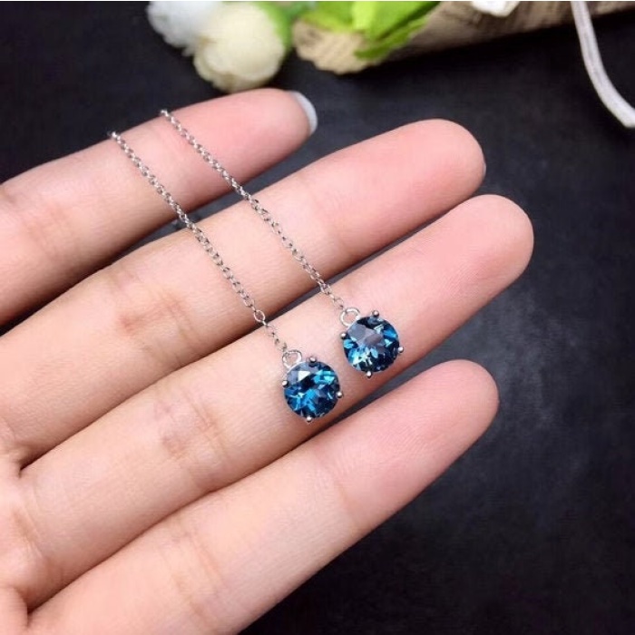 Natural Blue Topaz Drop Earrings, 925 Sterling Silver, Drop Earrings, Blue Topaz Earrings, Luxury Earrings, Round Cut Stone Earrings | Save 33% - Rajasthan Living 5