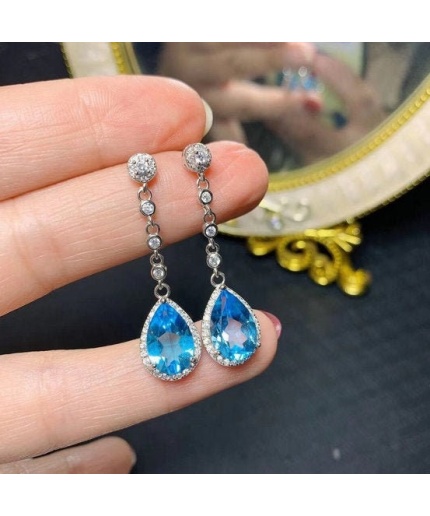 Natural Blue Topaz Drop Earrings, 925 Sterling Silver, Drop Earrings, Blue Topaz Earrings, Luxury Earrings, Pear Cut Stone Earrings | Save 33% - Rajasthan Living