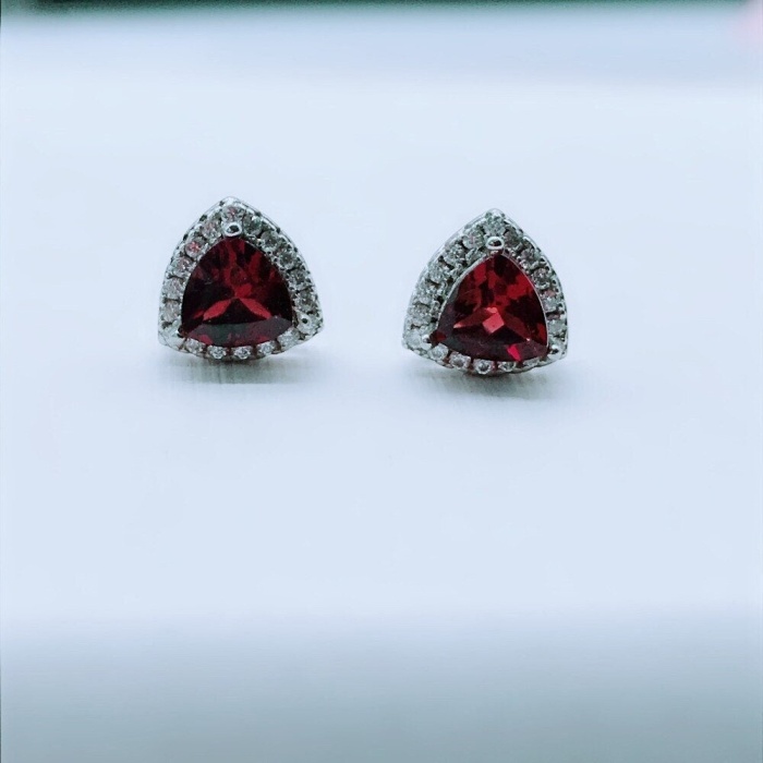 Natural Garnet Studs Earrings, 925 Sterling Silver, Garnet Studs Earrings, Garnet Earrings, Luxury Earrings, Trillion Stone Earrings | Save 33% - Rajasthan Living 5