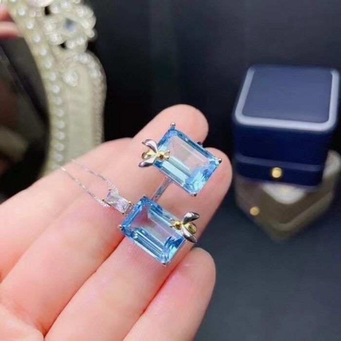 Natural Blue Topaz Jewelry Set, Engagement Ring, Blue Topaz Jewelry Set, Woman Pendant, Topaz Necklace, Luxury Pendant, Emerald Cut Stone | Save 33% - Rajasthan Living 5