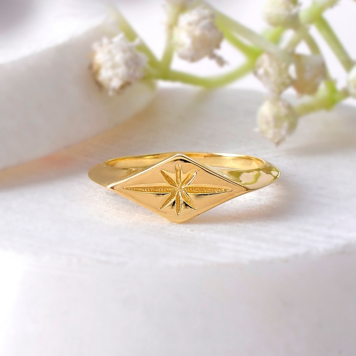 925 Solid Sterling Silver Star Signet Ring, North Star Ring, Celestial Ring, Star Ring, Starburst Ring, 14K Gold Vermeil, Polaris Ring | Save 33% - Rajasthan Living 5