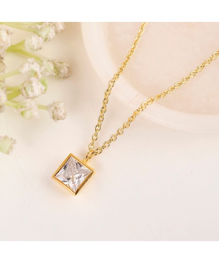 925 Sterling Silver Bezel Set Necklace, 8 MM Square Necklace, Solitaire Necklace, Square Pendant, Princess Cut Cz Necklace, 14K Gold vermeil | Save 33% - Rajasthan Living