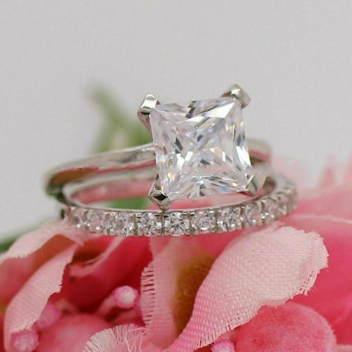 Princess Cut Diamond Bridal Ring Set Solitaire Wedding Luxury Princess CZ Engagement Ring Set Eternity Band Stacking Ring Set Gift for Her | Save 33% - Rajasthan Living 10