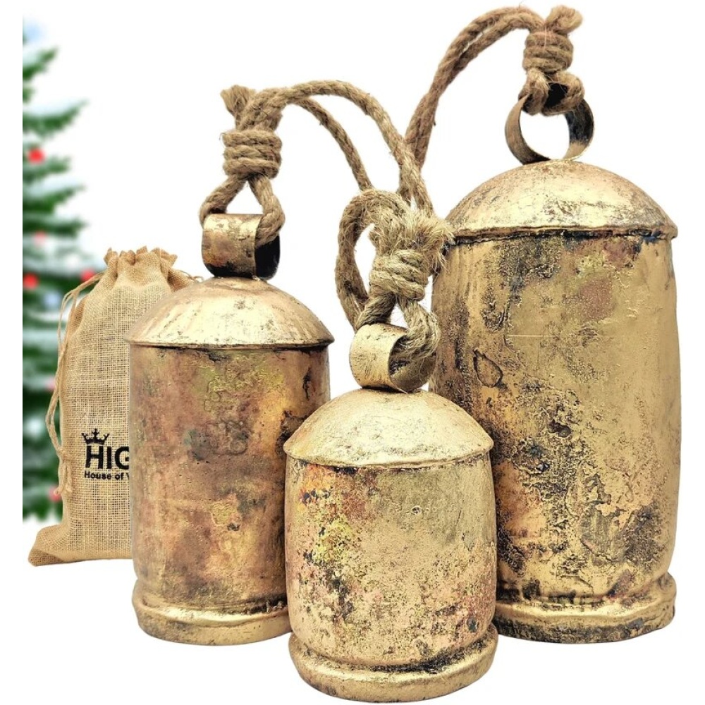 highbix set of 3 giant harmony cow bells large vintage handmade rustic lucky christmas bells on rope