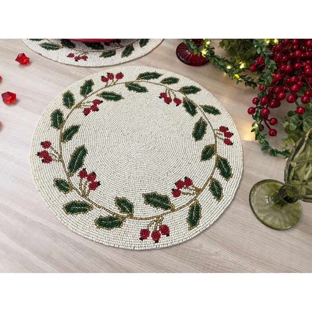 christmas special beaded placemat, 14 inch, gifts, holly berry design