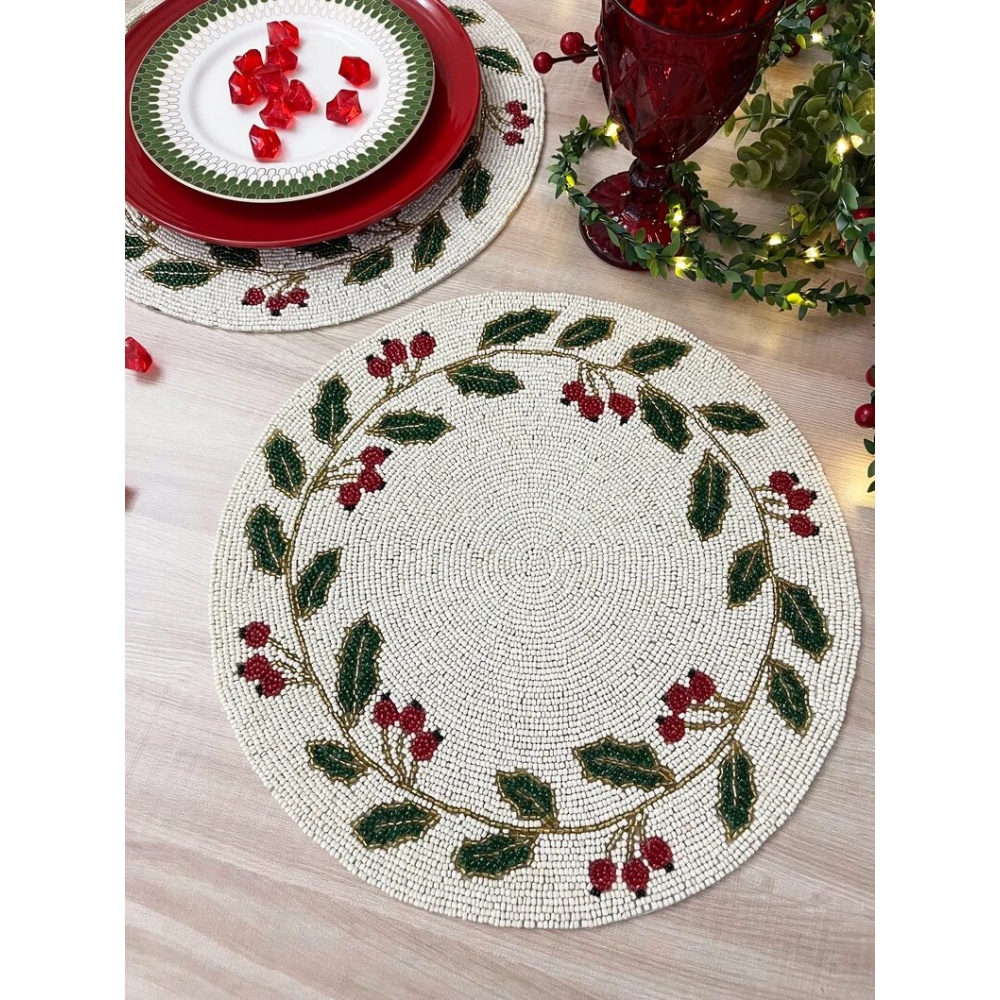 christmas special beaded placemat, 14 inch, gifts, holly berry design