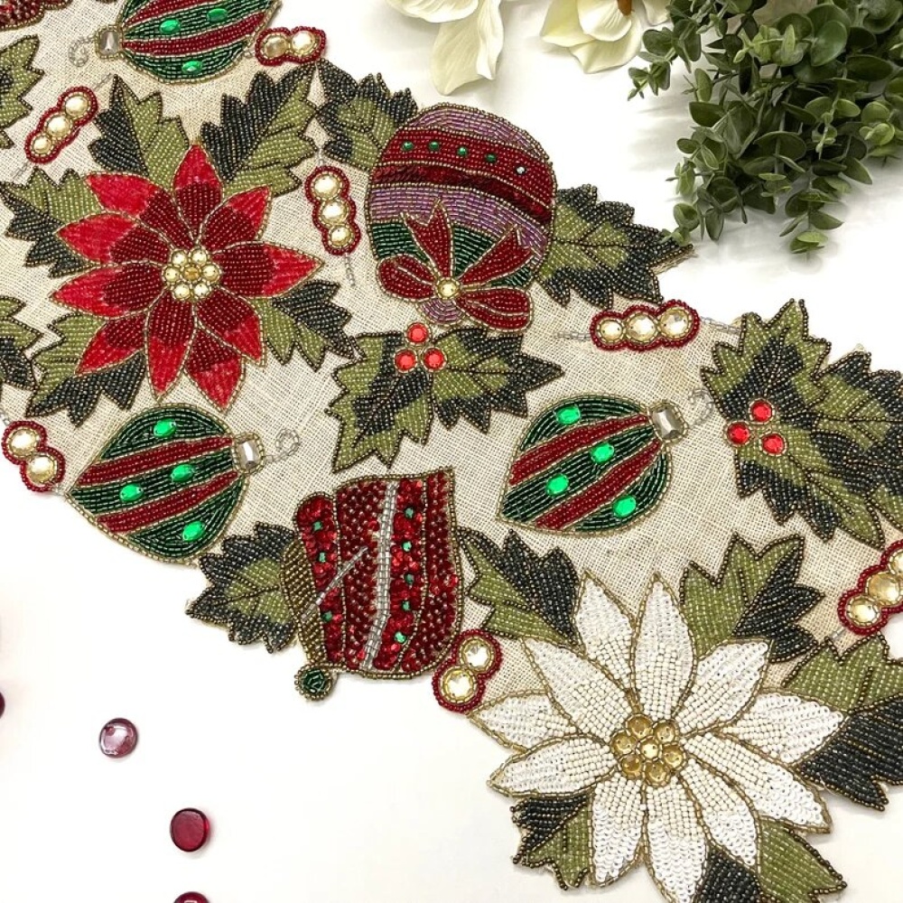 handmade christmas table runner, beaded runner, centerpiece multi colour, 13x36inch