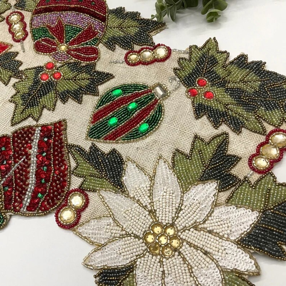 handmade christmas table runner, beaded runner, centerpiece multi colour, 13x36inch