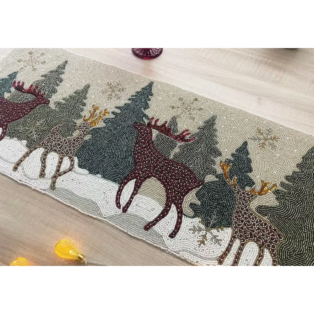 christmas beaded runner, handmade bead table runner, reindeer, 13x36inch