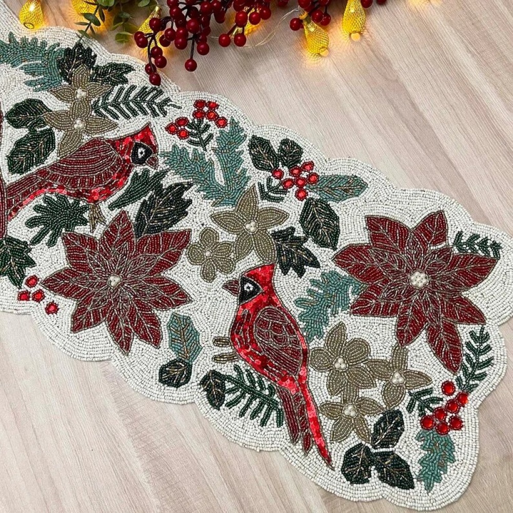 christmas handmade table runner, red and green flower with parrot beaded table runner, poinsettia runner, 13x36inch