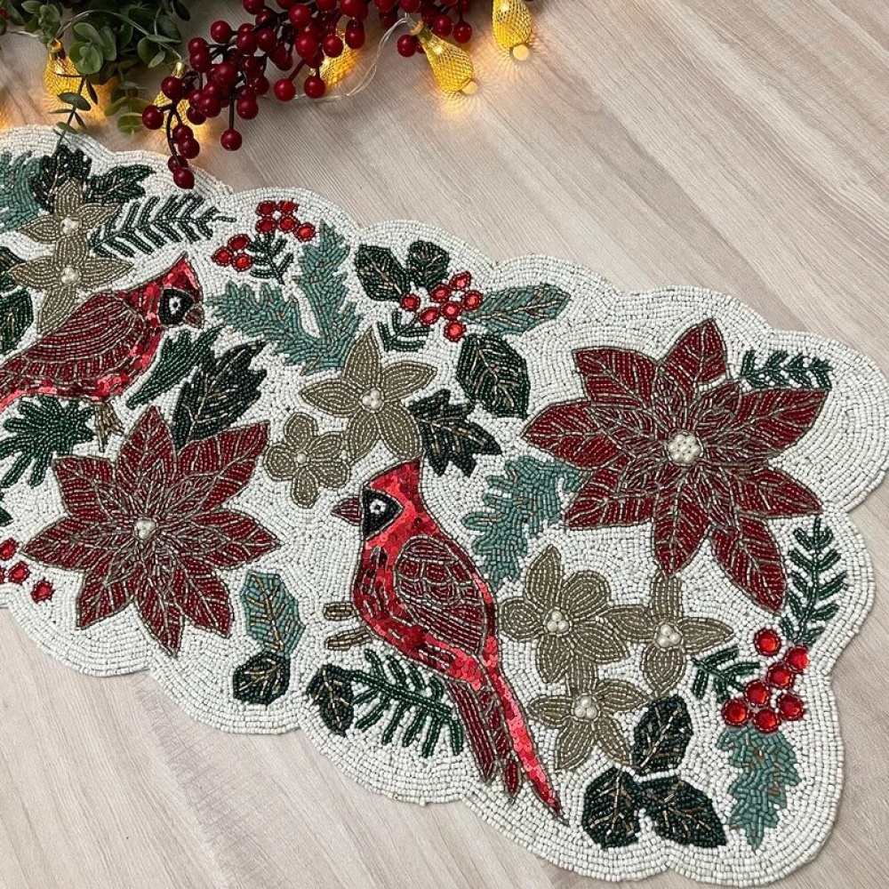 christmas handmade table runner, red and green flower with parrot beaded table runner, poinsettia runner, 13x36inch